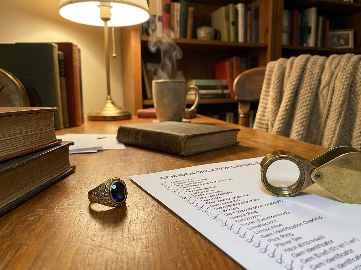 Antique jewelry beside a downloadable gem ID checklist and loupe, representing home gem identification learning resource.