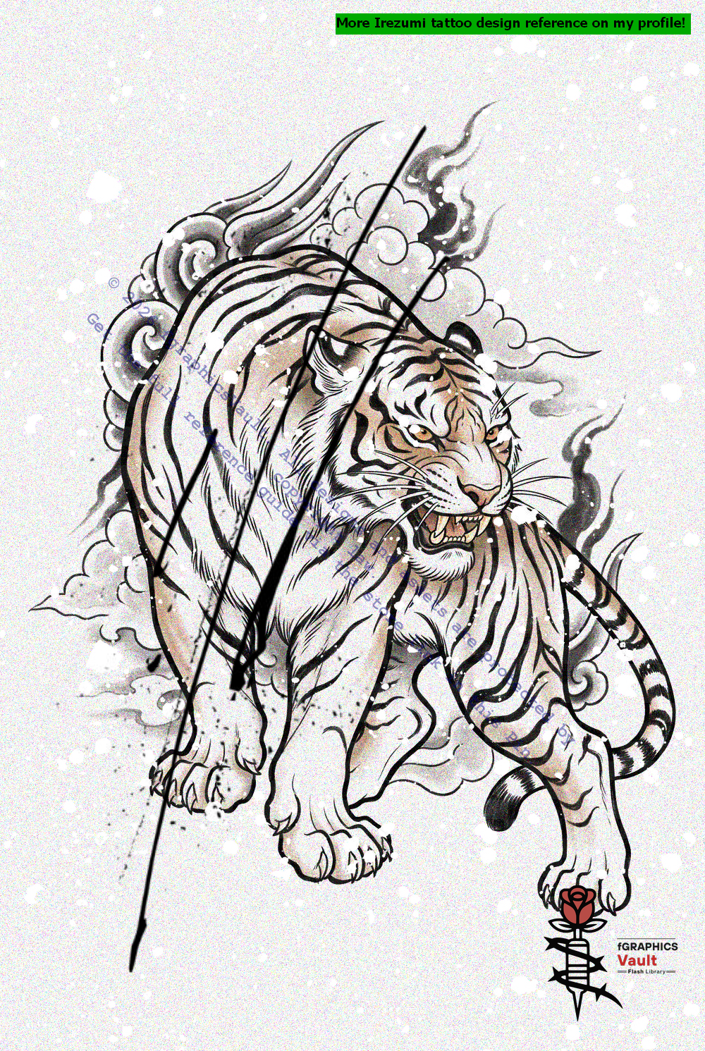 White Tiger anatomy and composition study for Japanese tattoo art
