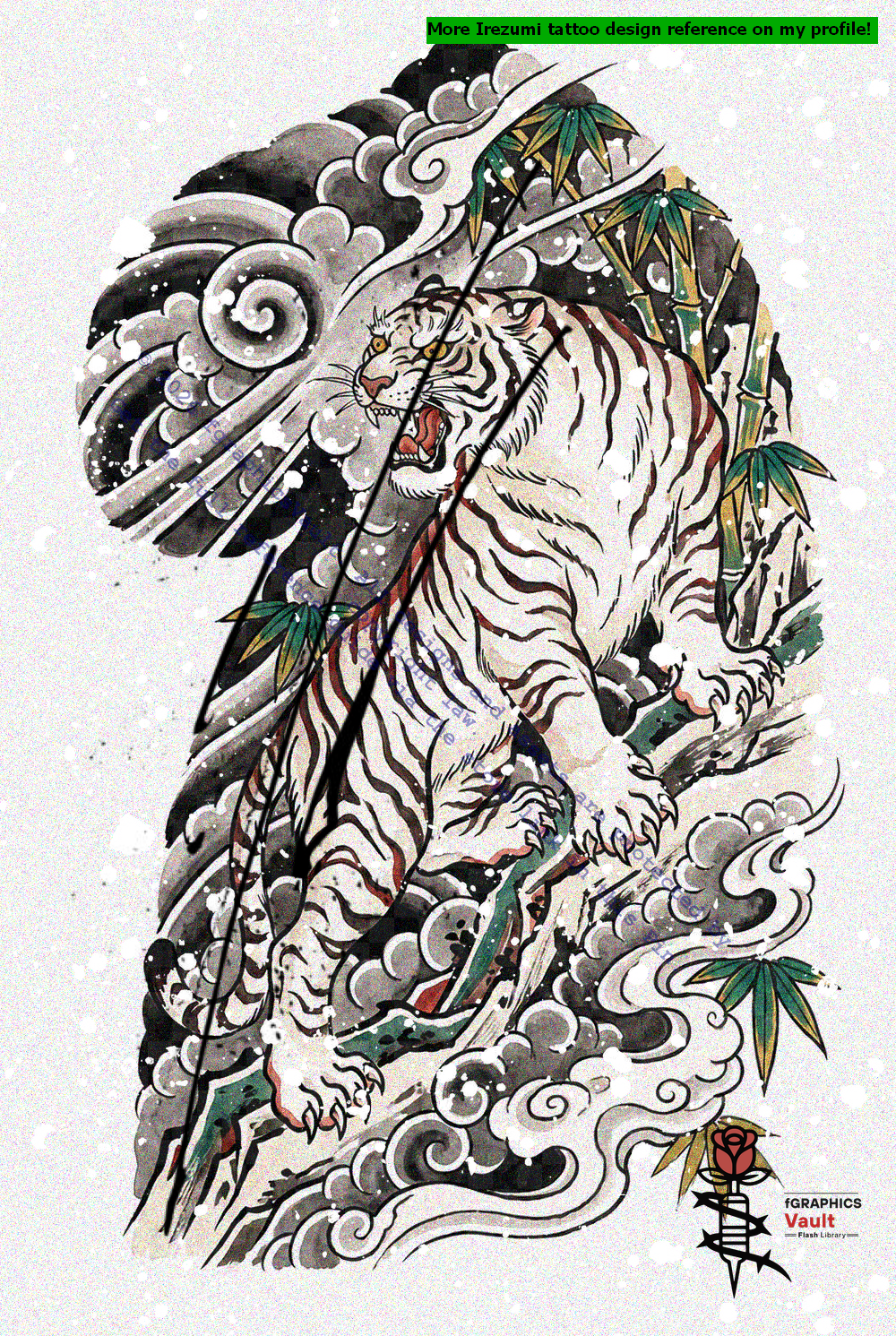 Five Byakko irezumi reference sheets with authentic gakubori