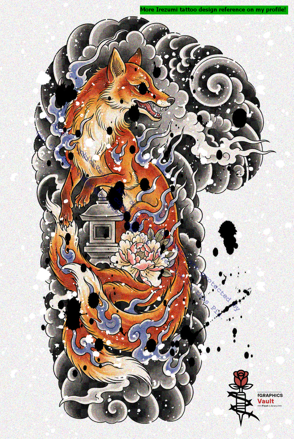 Five Kitsune irezumi reference sheets with traditional gakubori studies