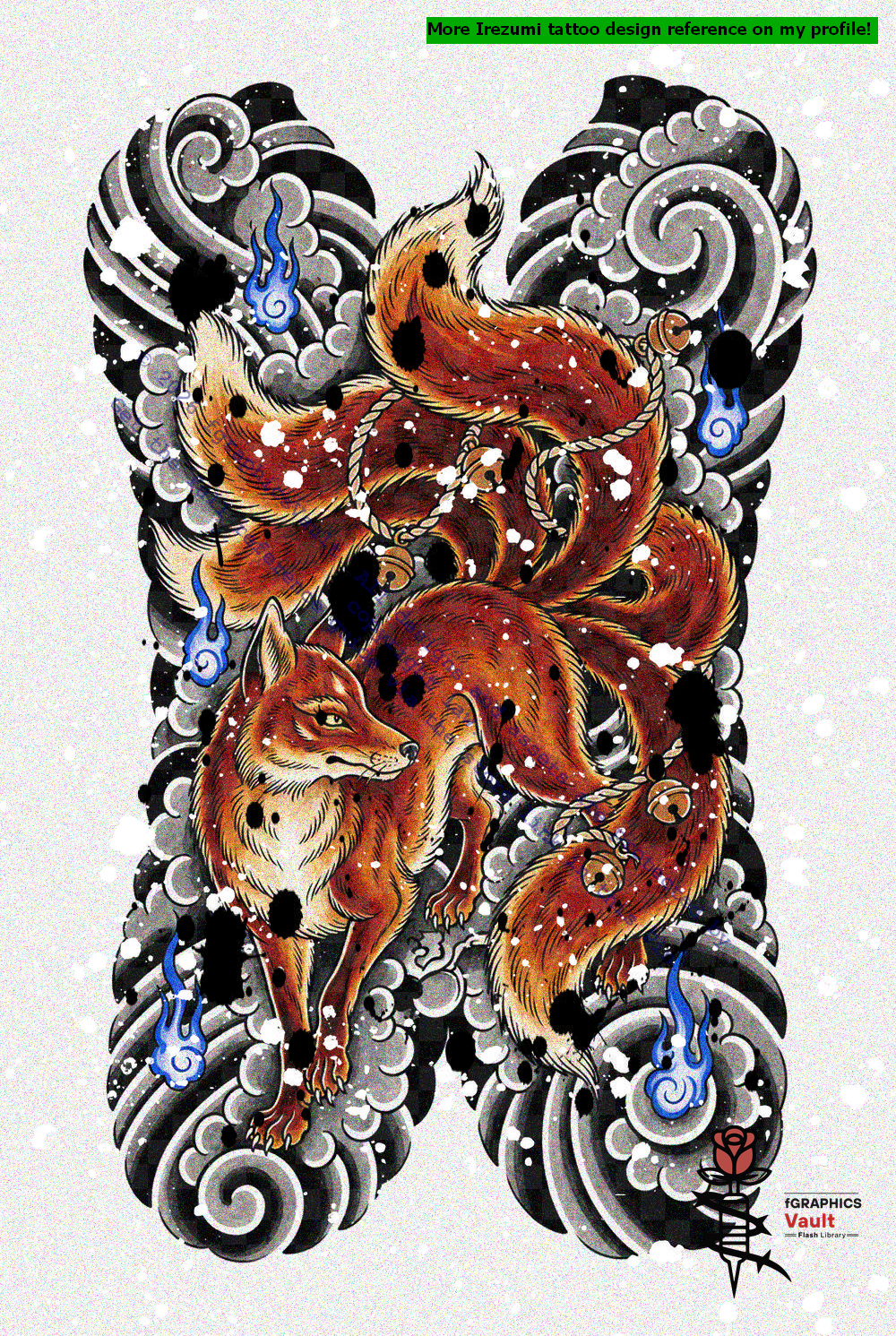 Traditional Japanese Kitsune draw-along practice sheet with full-color reference