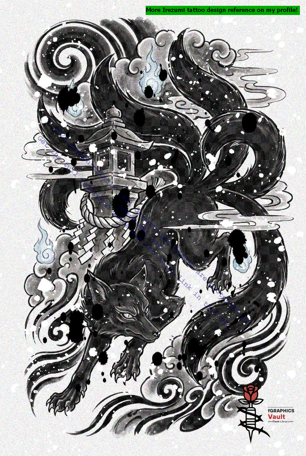 Japanese fox spirit composition reference for tattoo artists and illustrators