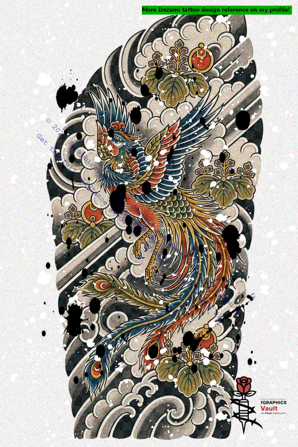 Traditional Japanese Hō-ō Phoenix draw-along practice sheet with full-color reference