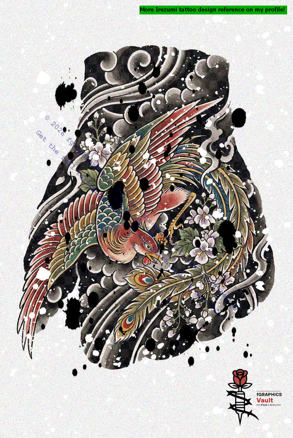 Japanese Phoenix composition reference for tattoo artists and illustrators