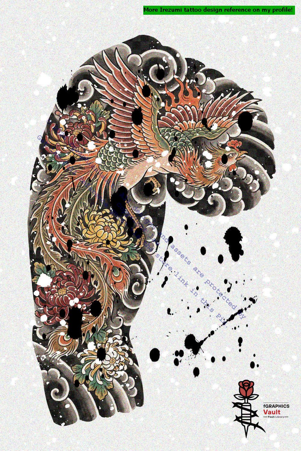 Five Hō-ō irezumi reference sheets with traditional gakubori studies