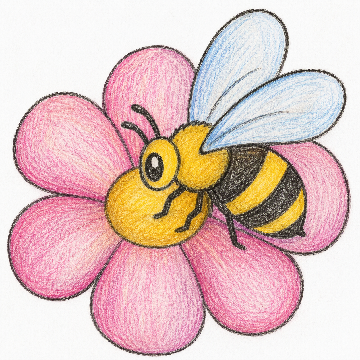 Colored example of bee and flower coloring page in pink and yellow, bold easy large print design for adults and seniors