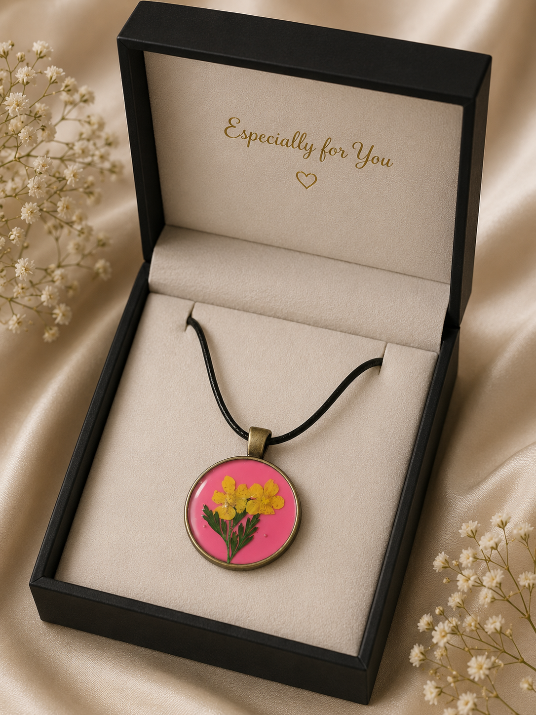Pressed buttercup resin necklace presented in black gift box with cream interior