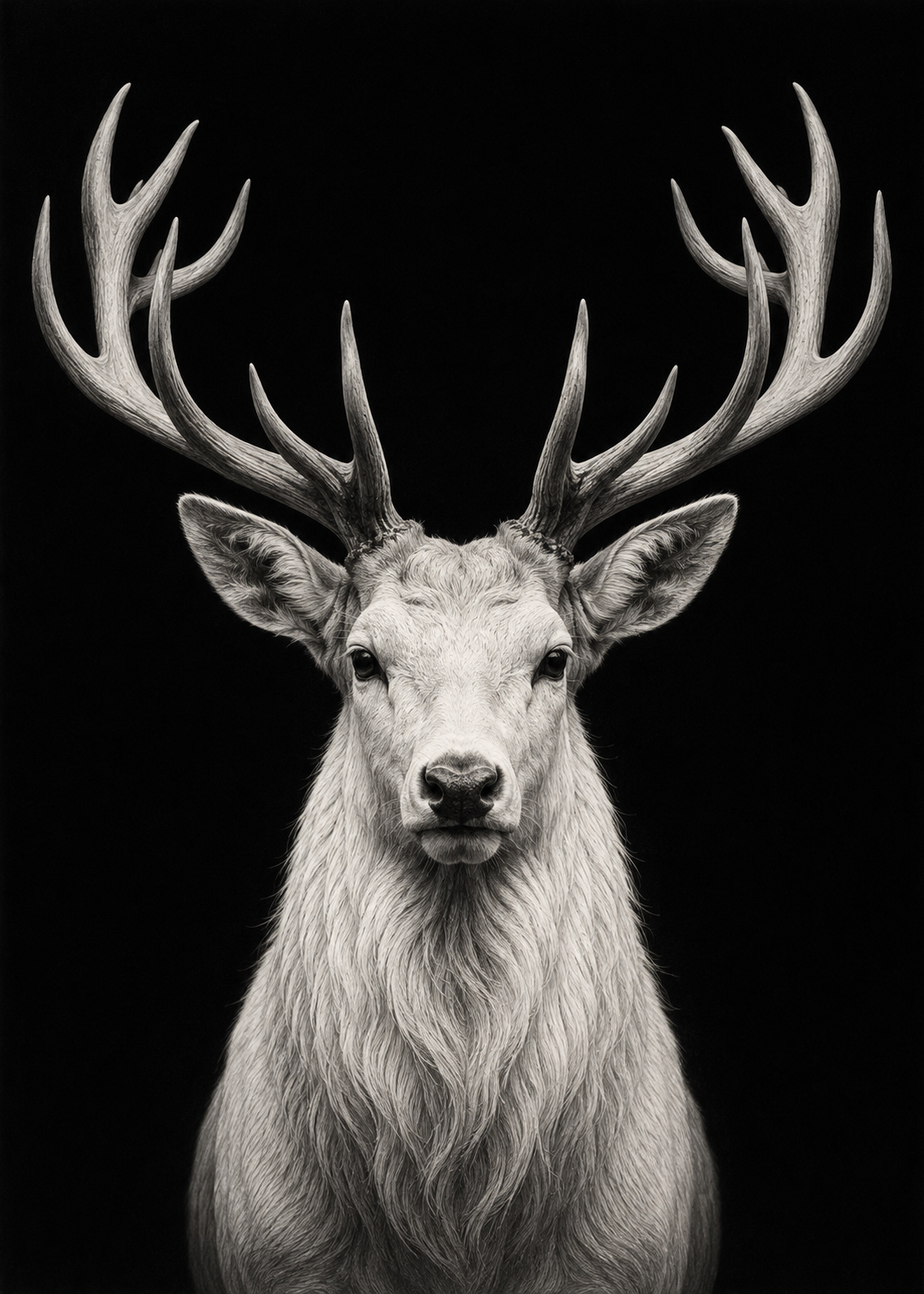 Detailed black and white portrait of a majestic white stag with symmetrical antlers against a dark background, printable wildlife wall art.