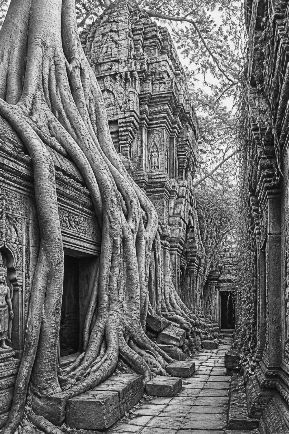 Grayscale coloring page of a Khmer stone temple at Angkor Wat with  giant tree roots engulfing its towers