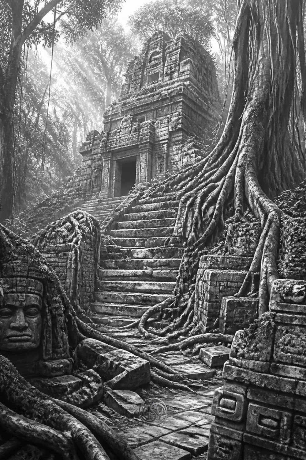Grayscale coloring page of a Mayan pyramid temple overgrown with  jungle tree roots and moss-covered stone steps
