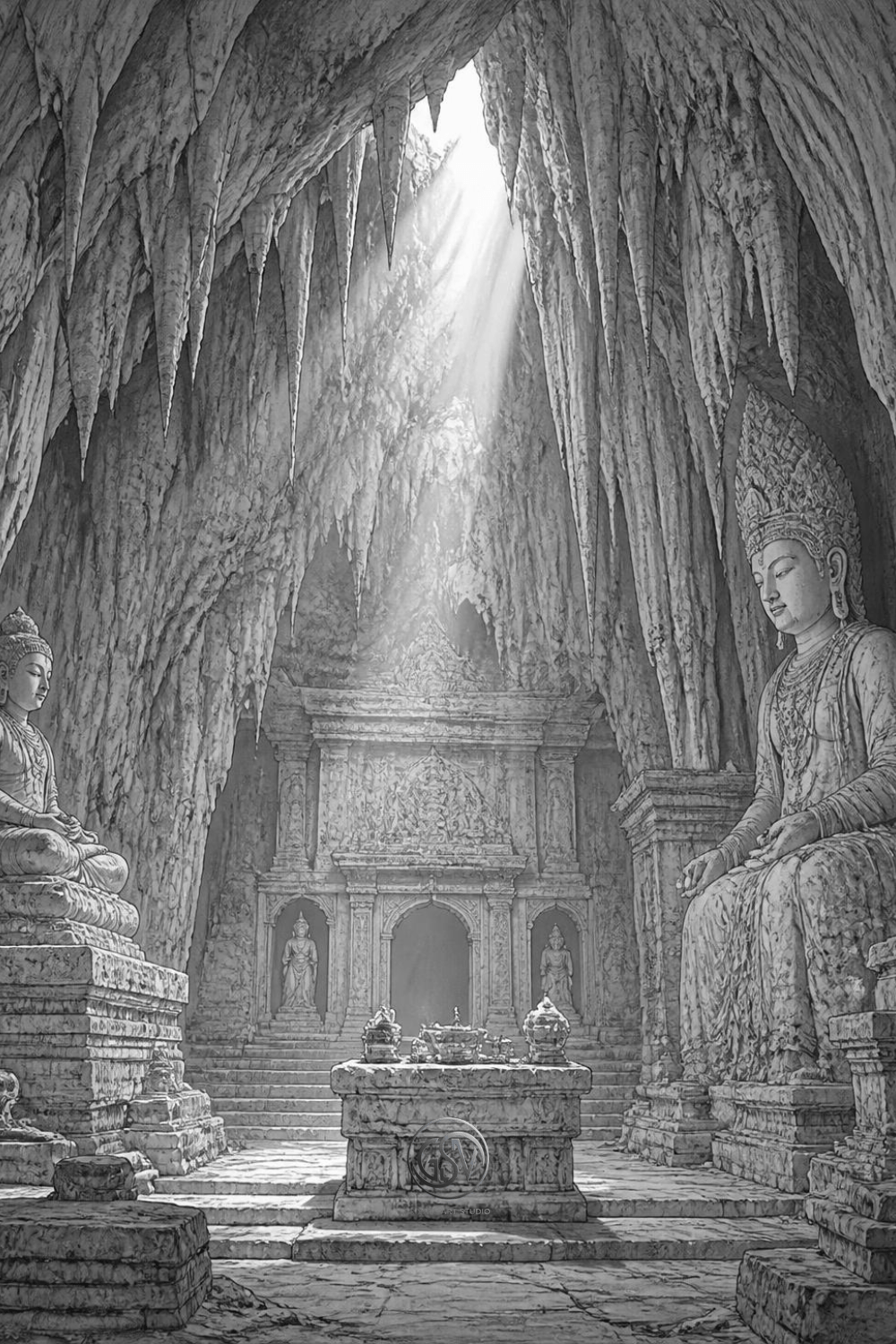 Grayscale coloring page of an underground cave temple with ancient  stone statues lit by a single shaft of light