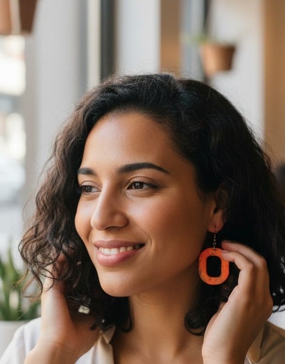Model wearing handmade orange marbled resin oval drop earrings