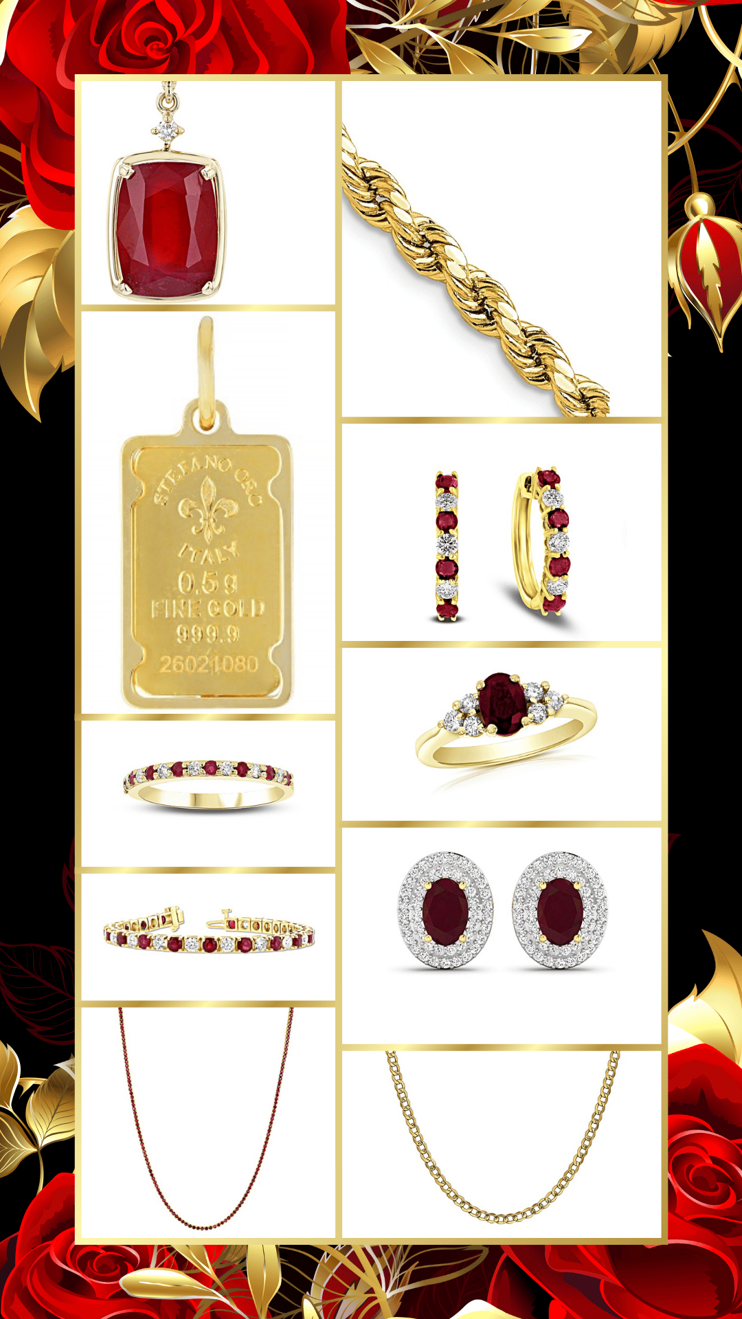 An image depicting gold jewelry featuring rubies from the JTV website.