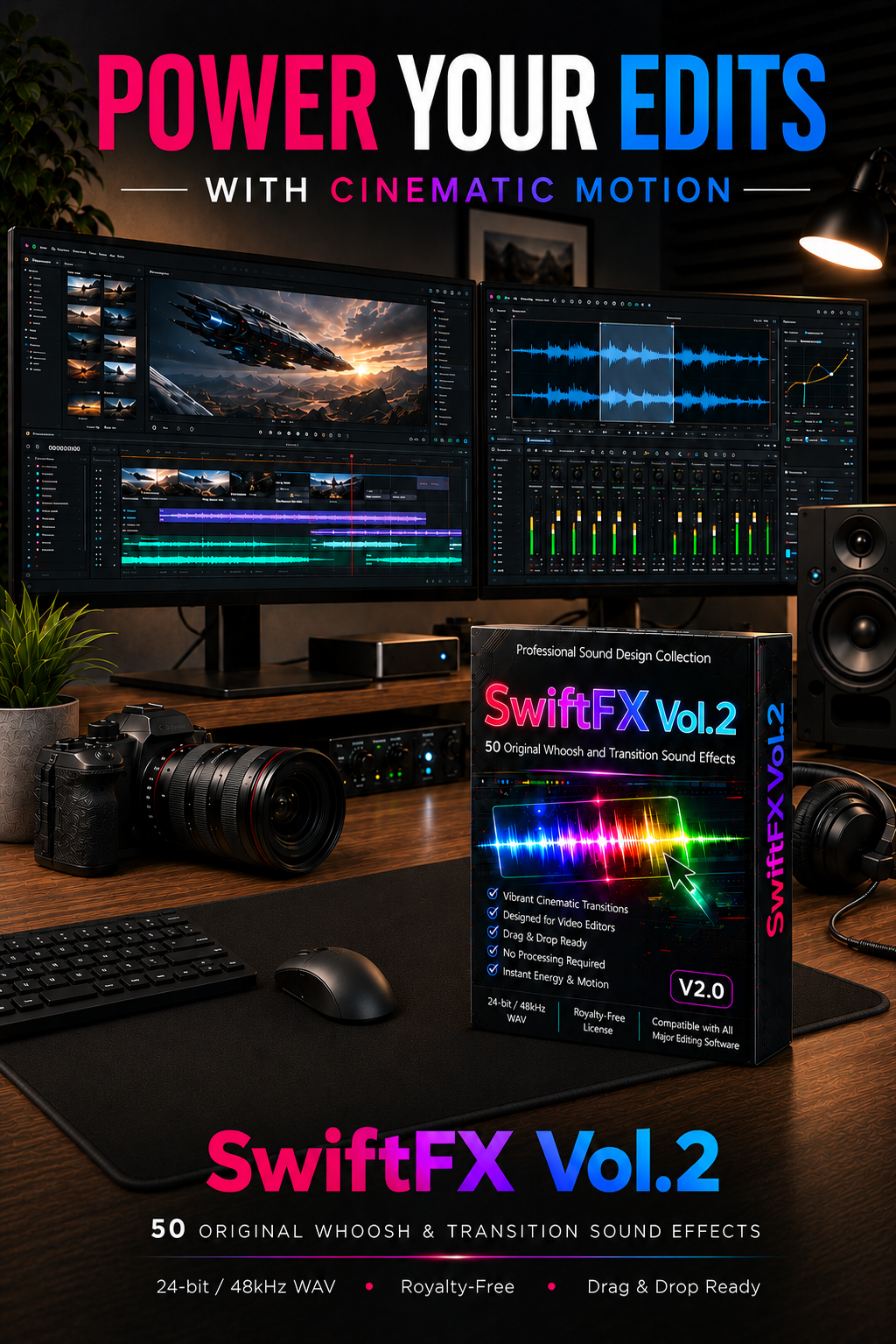 SwiftFX Vol.2 features 50 cinematic whoosh and transition sound effects designed for video editors, filmmakers, and content creators. High-quality 24-bit / 48kHz WAV files. Royalty-free and drag-and-drop ready for trailers, motion graphics, YouTube videos