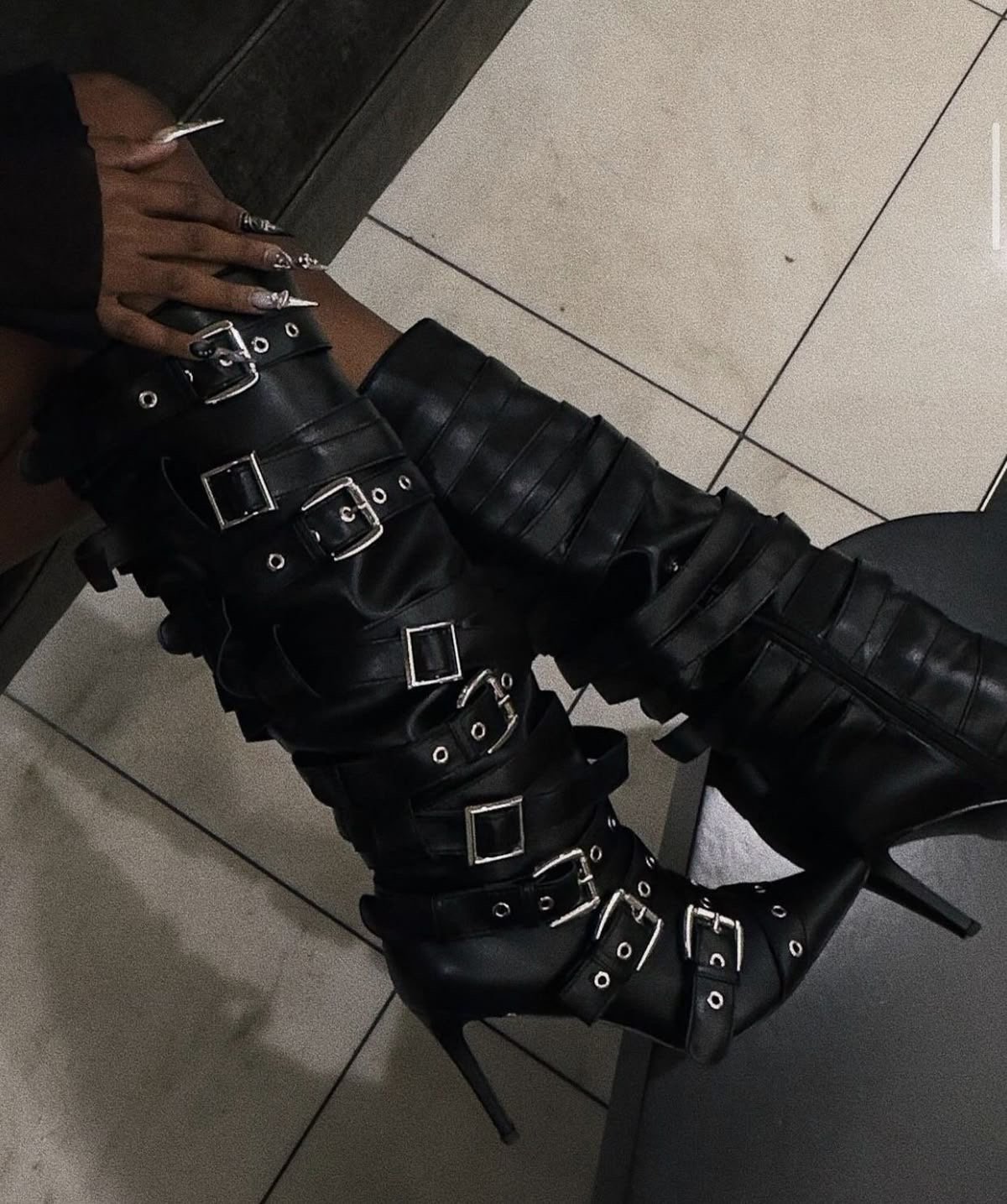 abstract heels: black/silver buckle boot heels