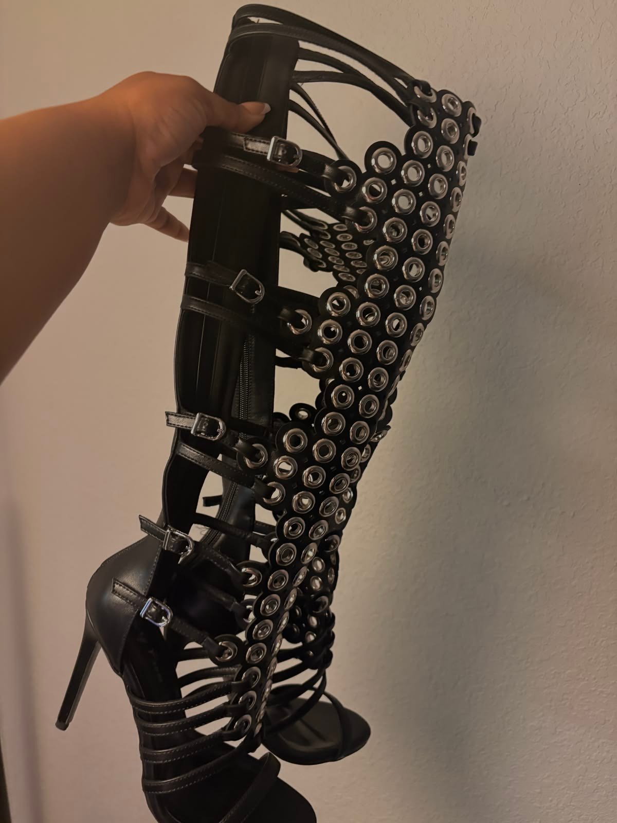 abstract heels: black/silver knee high open ring heels