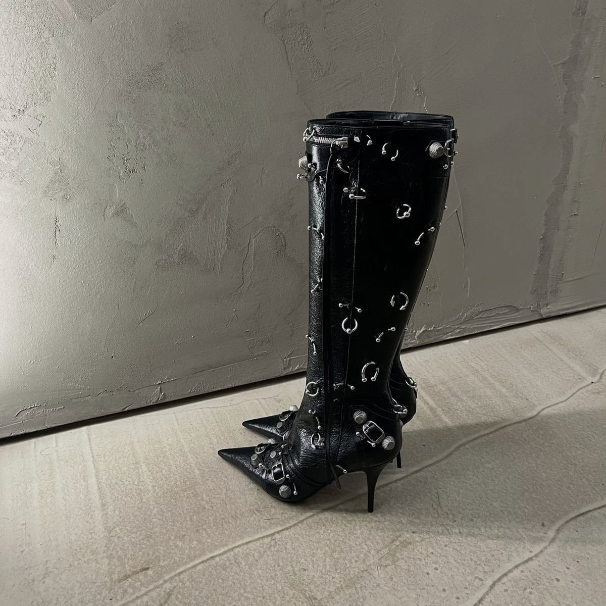 abstract heels: balenciaga black/silver knee high cagole piercing heeled boots
