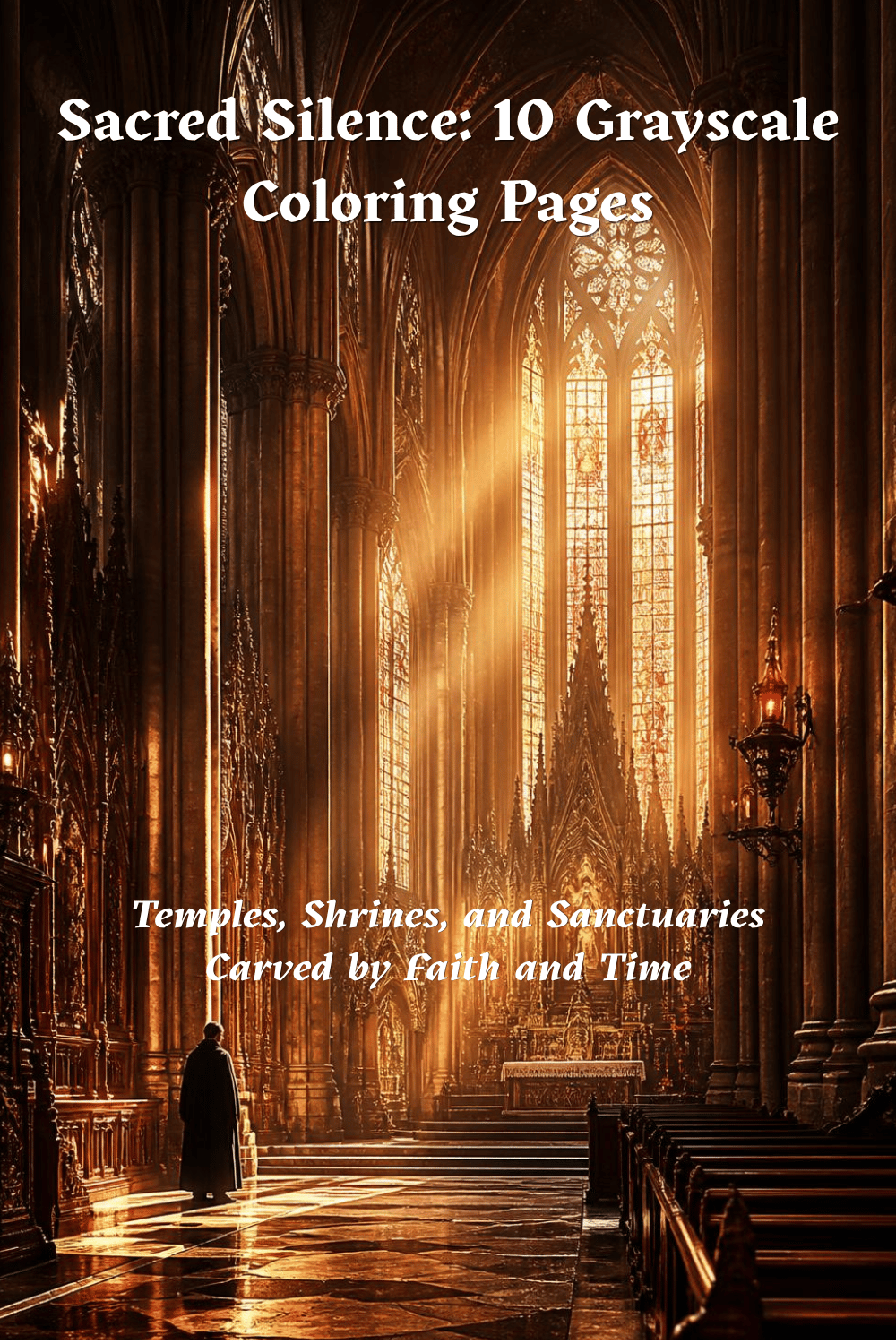 Cinematic illustration of a Gothic cathedral interior at golden hour,  warm light through stained glass windows, stone columns in soft shadow