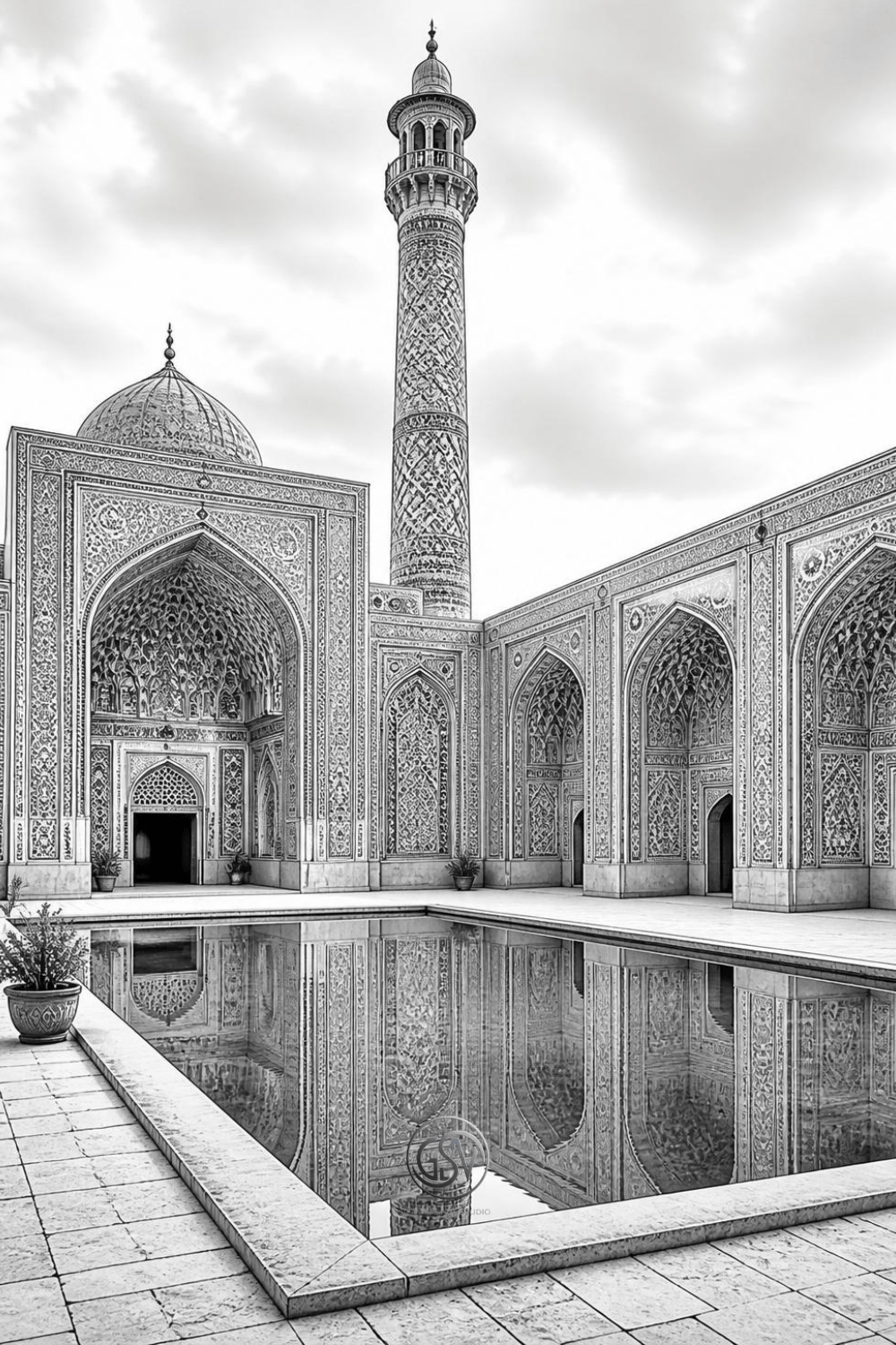 Grayscale coloring page of an ancient mosque courtyard with a tall  minaret and a still reflecting pool