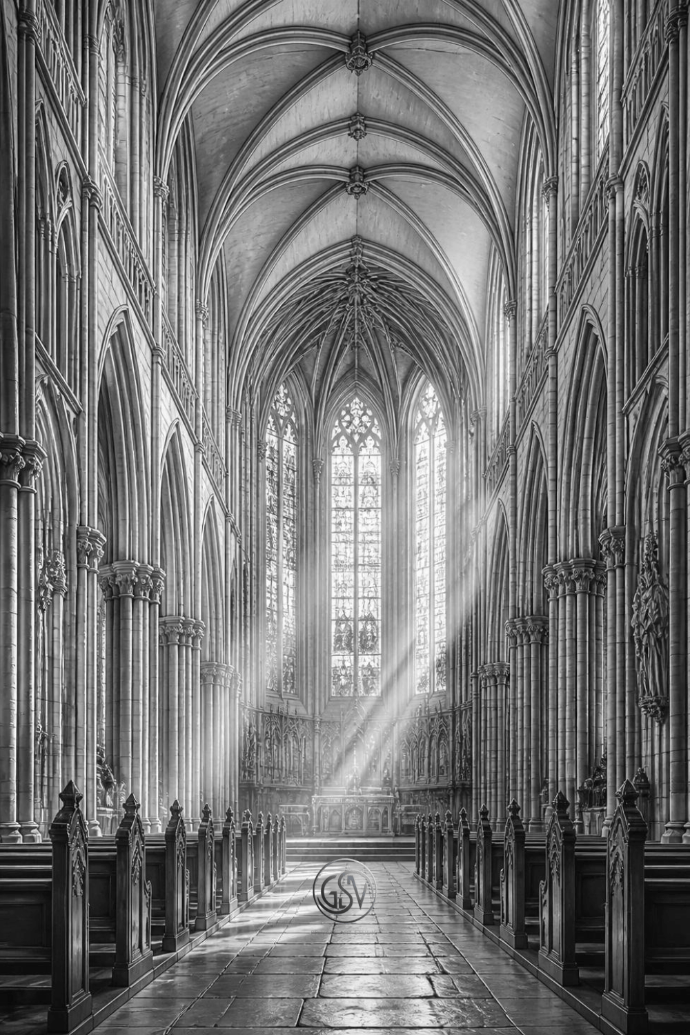 Grayscale coloring page of a soaring Gothic cathedral interior with  tall ribbed vaults and light through stained glass windows