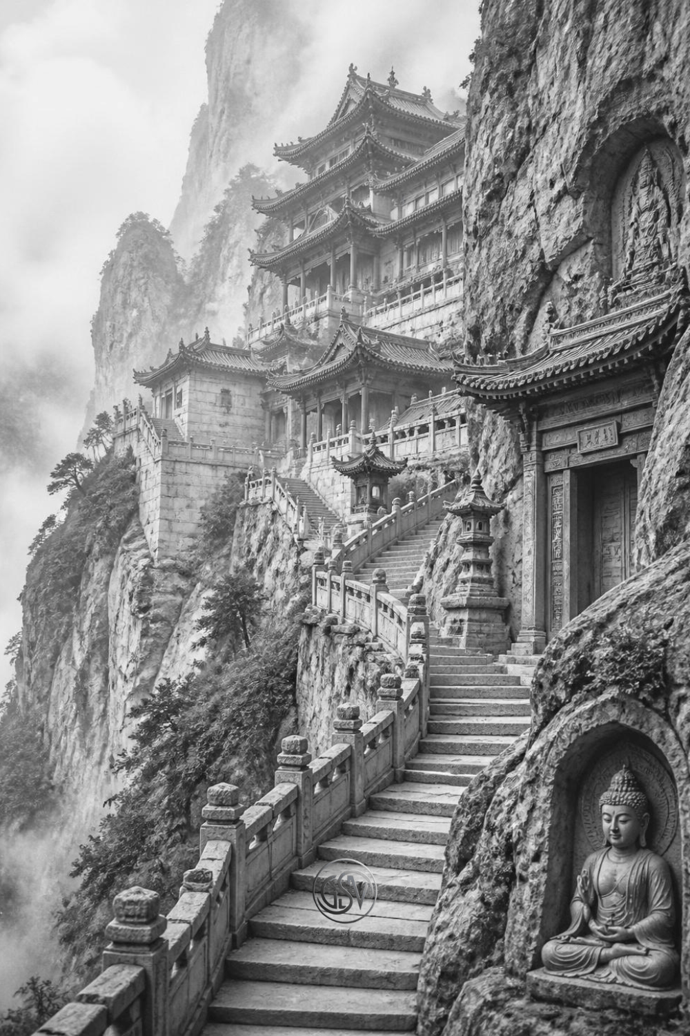 Grayscale coloring page of an ancient Buddhist temple carved into a  mountainside with tiered pagoda roofs and mist
