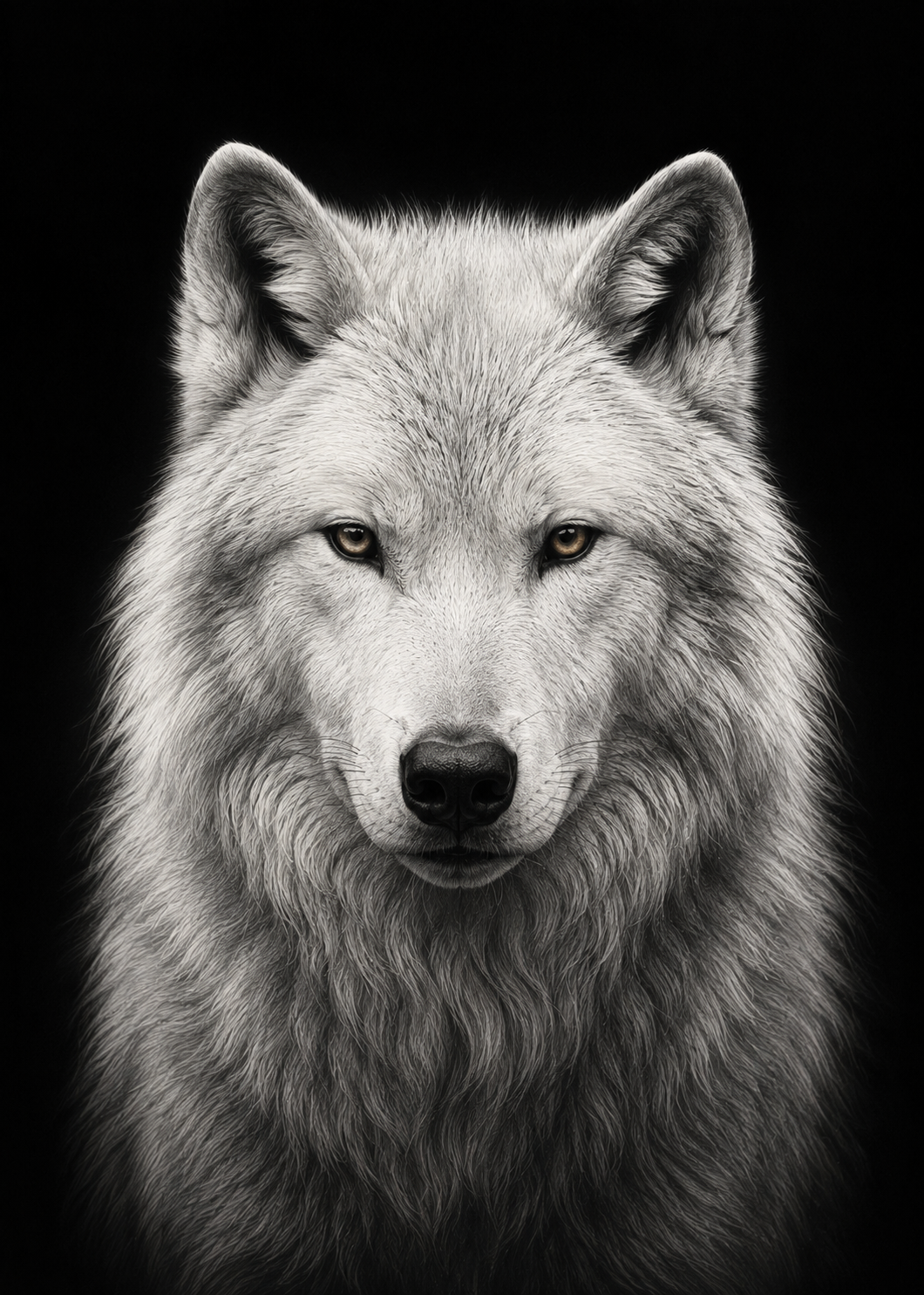 Majestic Arctic wolf portrait with detailed white fur against a black background, printable black and white wildlife wall art.