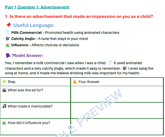 IELTS Speaking Part 1 advertisement question with useful language, model answer and guided speaking practice