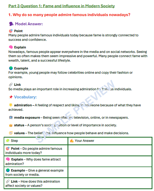 IELTS Speaking Part 3 question on fame and influence with a model answer, useful vocabulary and guided answer framework