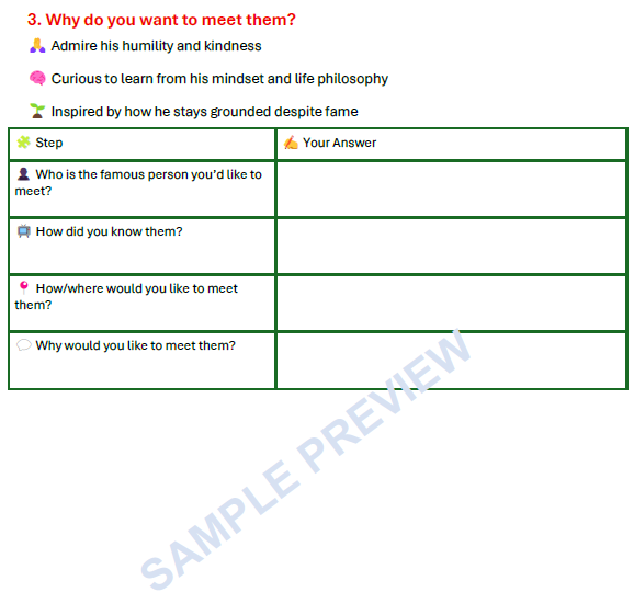 IELTS Speaking Part 2 guided planning table for describing a famous person you would like to meet