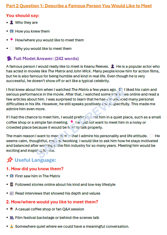 IELTS Speaking Part 2 famous person cue card with a full model answer, useful language and guided speaking prompts