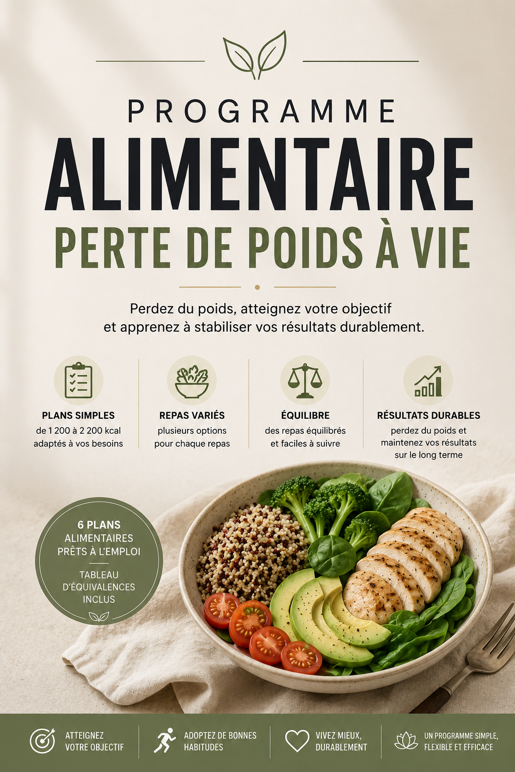 Couverture du Programme Alimentaire Perte de Poids à Vie avec 6 plans alimentaires de 1 200 à 2 200 kcal.