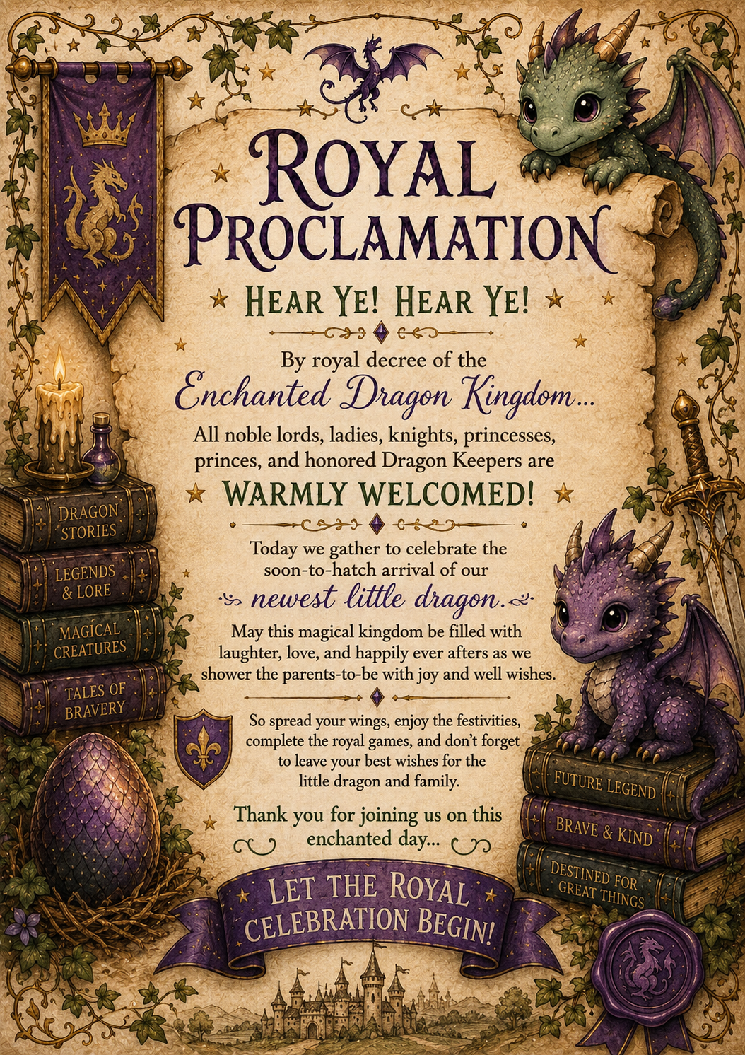 dragon baby shower welcome sign printable royal proclamation baby shower sign dragon baby shower games printable dragon themed baby shower bundle fantasy baby shower activities dragon keeper baby shower games storybook baby shower printable magical baby s