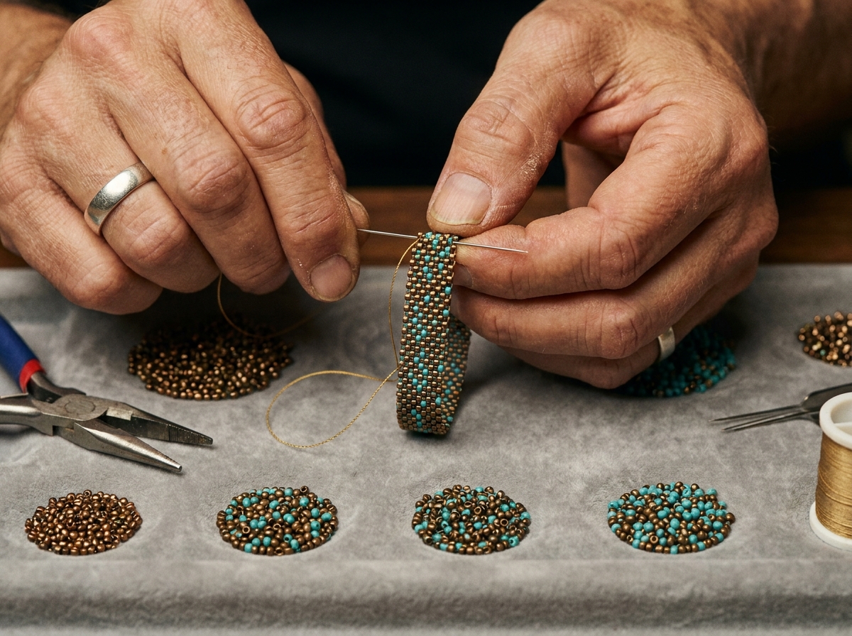 Alt Text 1: Close-up of hands stitching seed beads using a fine needle and peyote stitch technique on a bead pad, demonstrating off-loom beadweaving tools and methods.