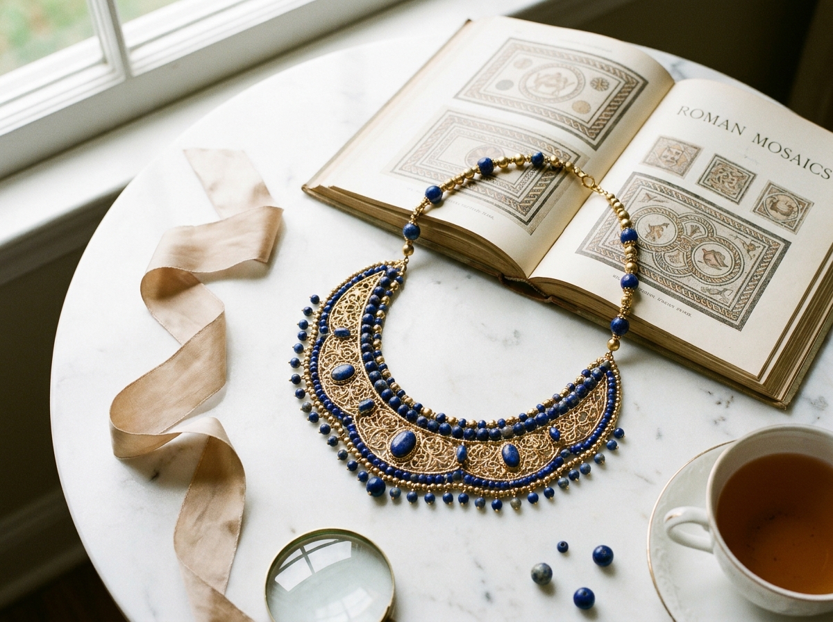 A handmade beaded statement necklace next to an open art book displaying Roman mosaic designs, showing historical inspiration for beadweaving patterns.