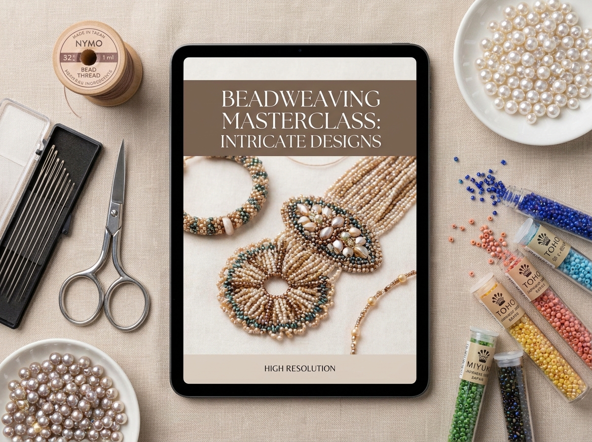 An organized flat lay of essential beading supplies, thread, needles, and a digital beadweaving masterclass guide ready for download.