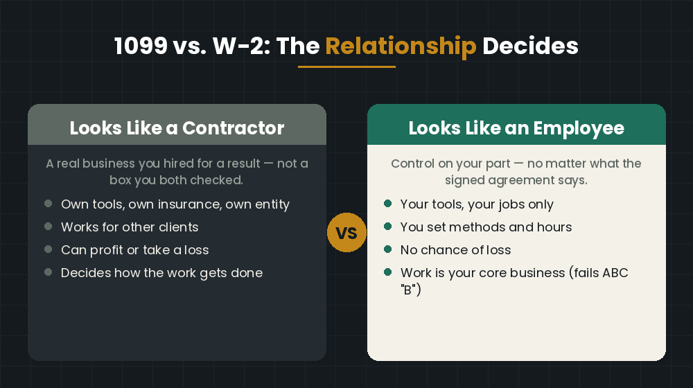 1099 vs W-2 — the working relationship decides classification, not the signed agreement