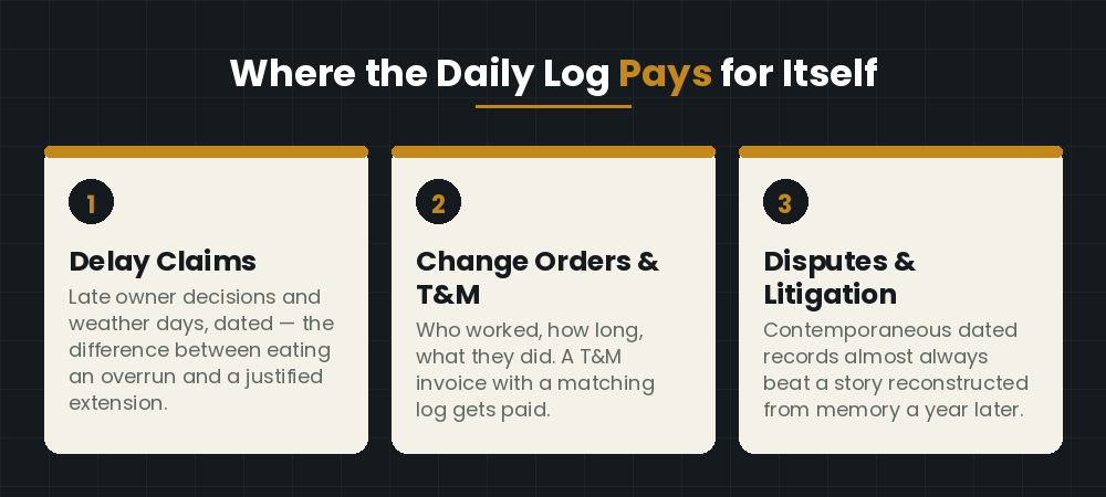 Where the daily log pays for itself — delay claims, change orders and T&M, disputes and litigation