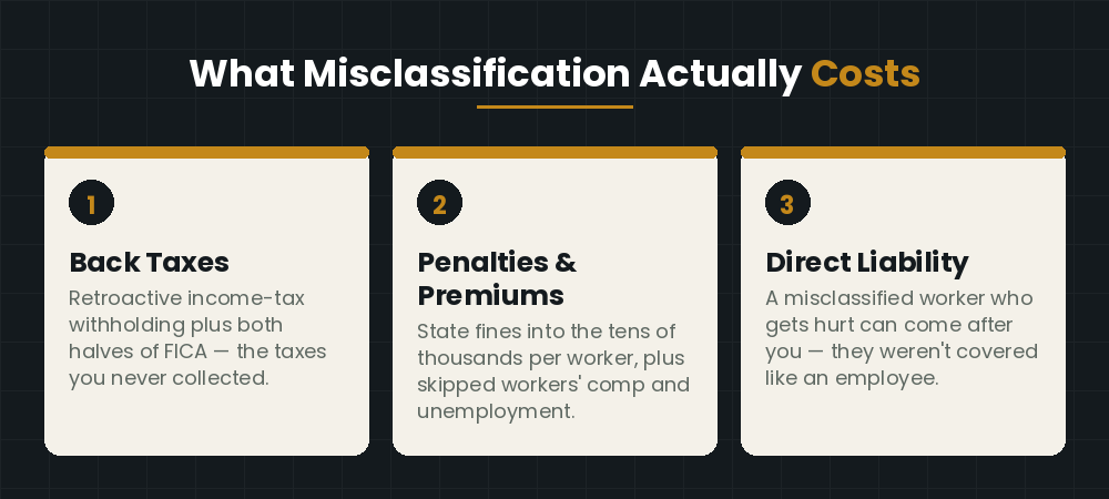 What misclassification actually costs — back taxes, penalties and premiums, and direct liability