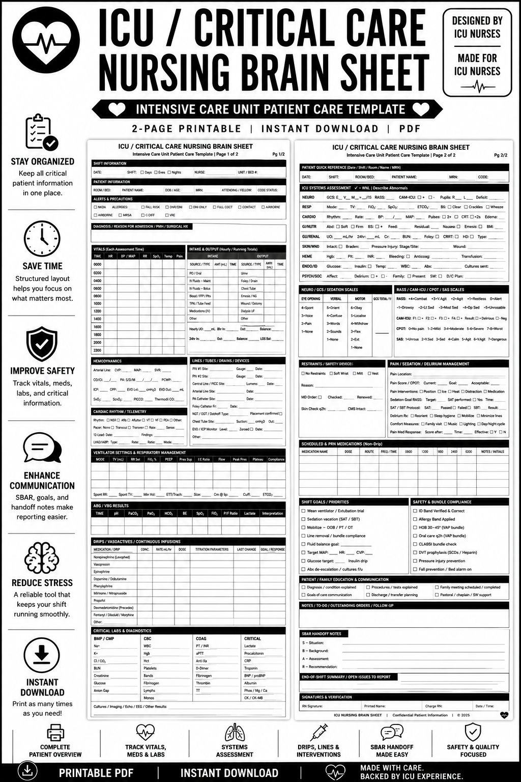 ICU / Critical Care Nursing Brain Sheet Black & White | 2-Page ICU Report Sheet PDF | ICU Nurse Handoff Template | Printable Shift Organizer