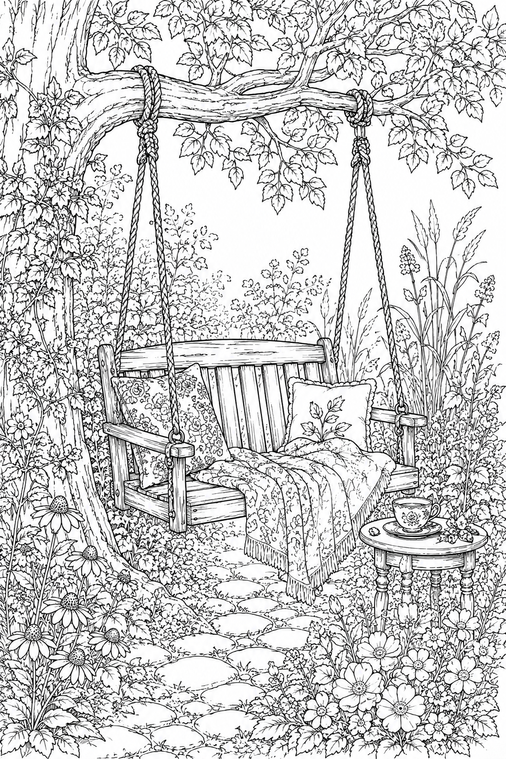 Cottage garden coloring page featuring a wooden swing bench with floral cushions under a tree, surrounded by wildflowers and a stone pathway - line art printable for adults