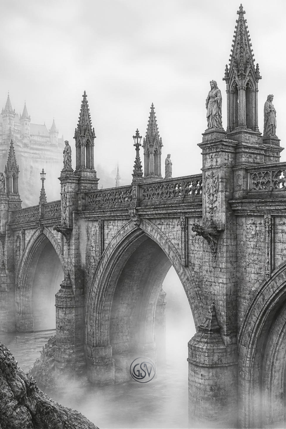 Grayscale coloring page of a gothic stone bridge with pointed spires, carved statues, and misty atmosphere