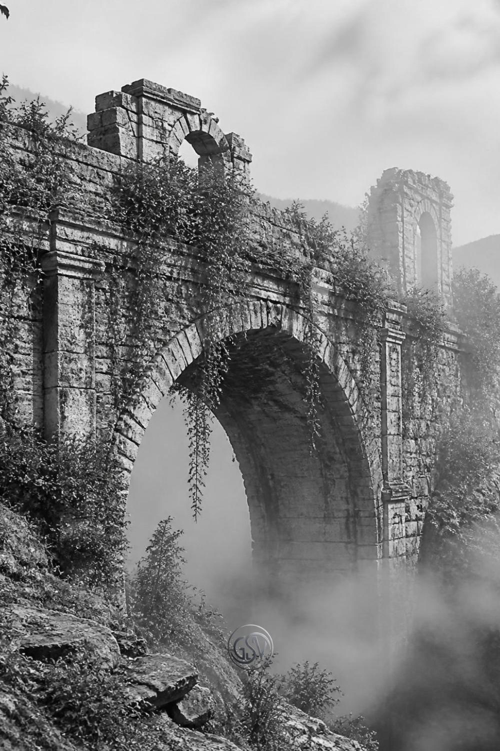 Grayscale coloring page of a crumbling ancient stone bridge overgrown with ivy and vines