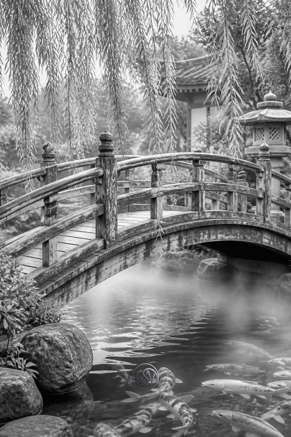 Grayscale coloring page of a curved Japanese garden bridge over a koi pond with willow branches and mist