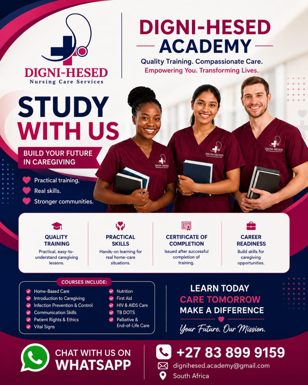 Digni-Hesed Academy providing quality healthcare education and caregiver training in Home Based Care, TB and TB DOTS Support, HIV & AIDS Awareness, First Aid and CPR, Caregiving Upskilling, and Wound Care Support. Empowering learners with practical knowledge, compassionate care skills, and confidence to support patients, families, and communities."