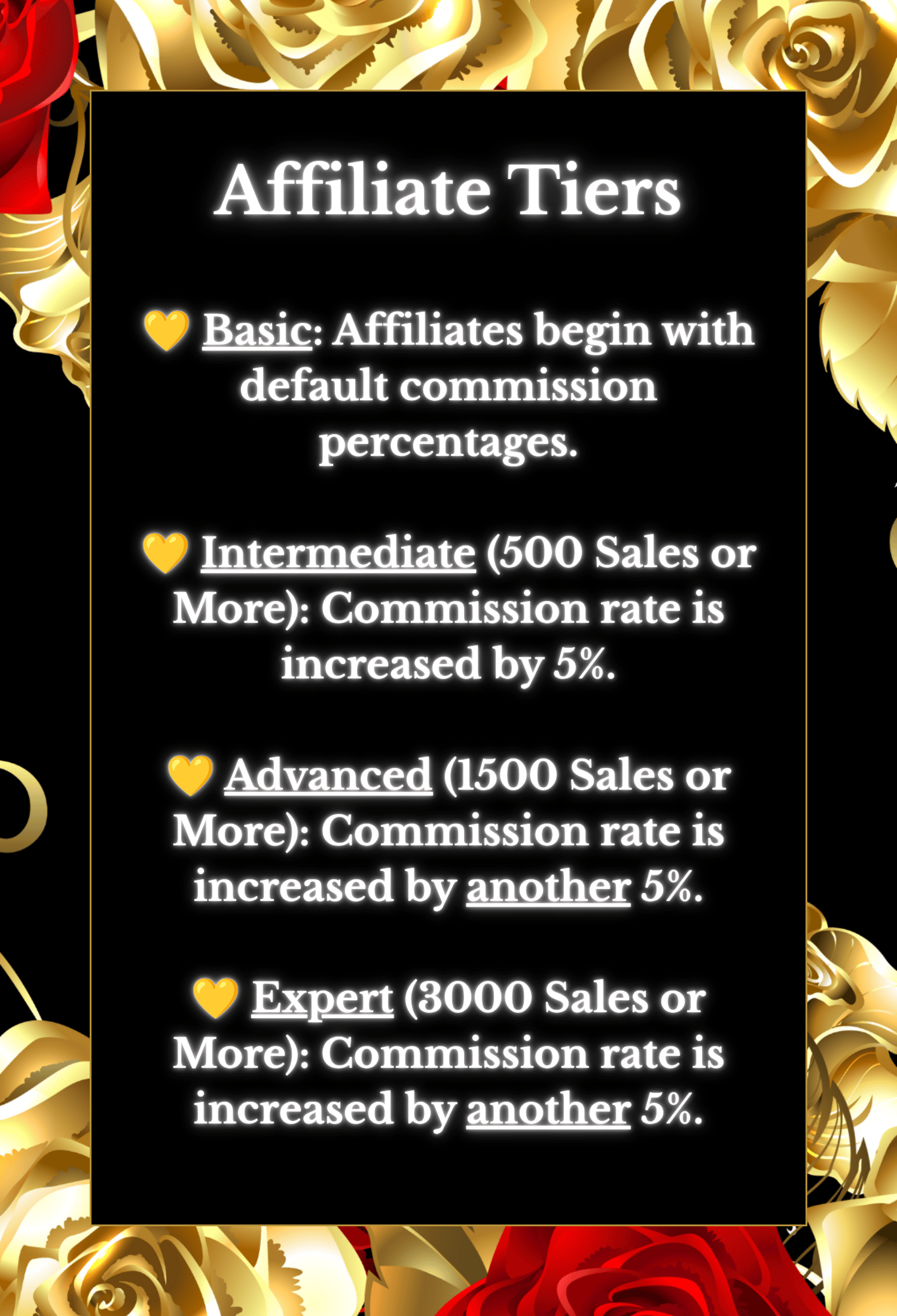 An image displaying the affiliate tiers Erin Nevers offers.