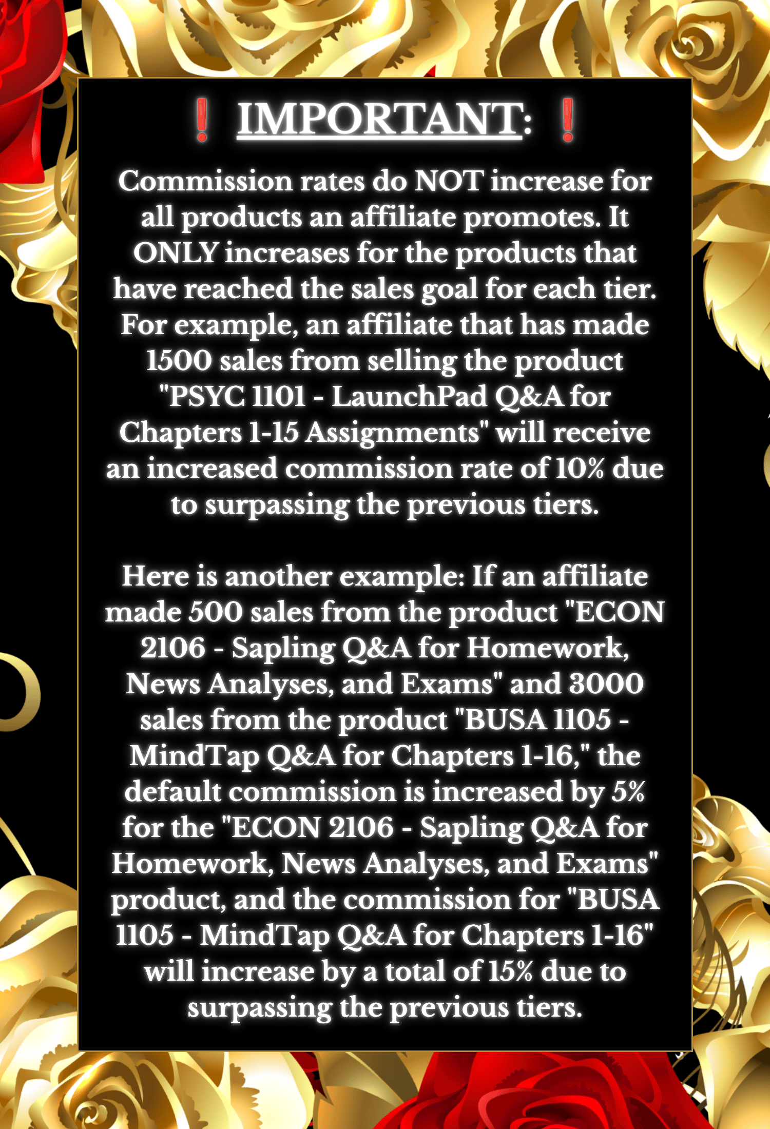 An image explaining in-depth the commission rate rule for each affiliate associated with Erin Nevers's products.