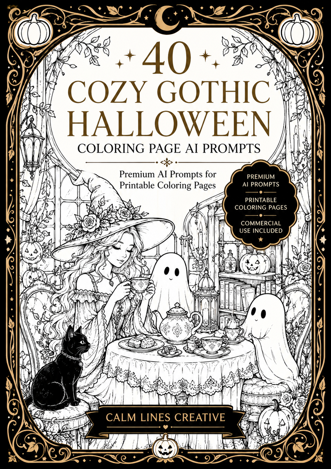 Cover of 40 Cozy Gothic Halloween AI Coloring Page Prompts for printable coloring pages with commercial use.