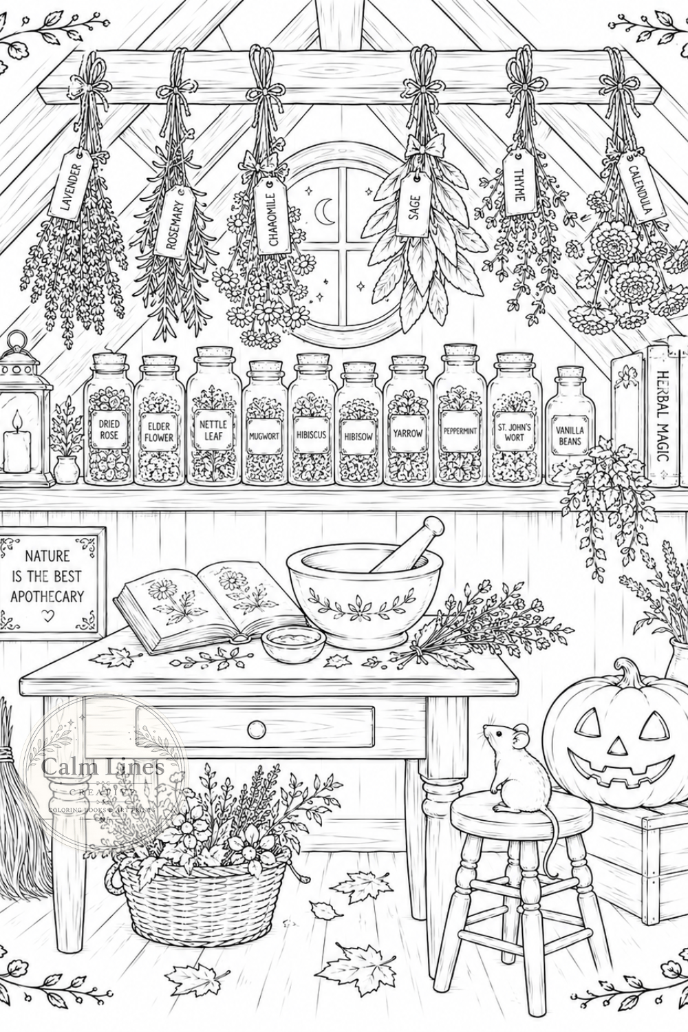 Cozy Halloween apothecary coloring page created with AI prompt featuring herbs, pumpkins and vintage bottles.