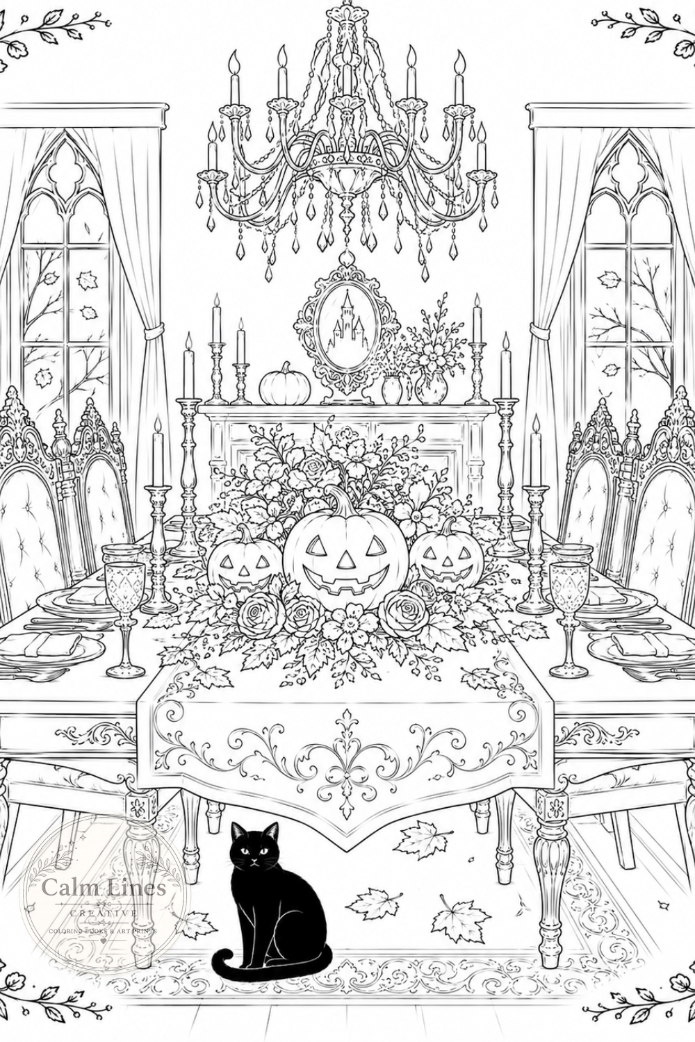 Elegant Halloween dining room coloring page with pumpkins, chandelier and black cat created from an AI prompt.