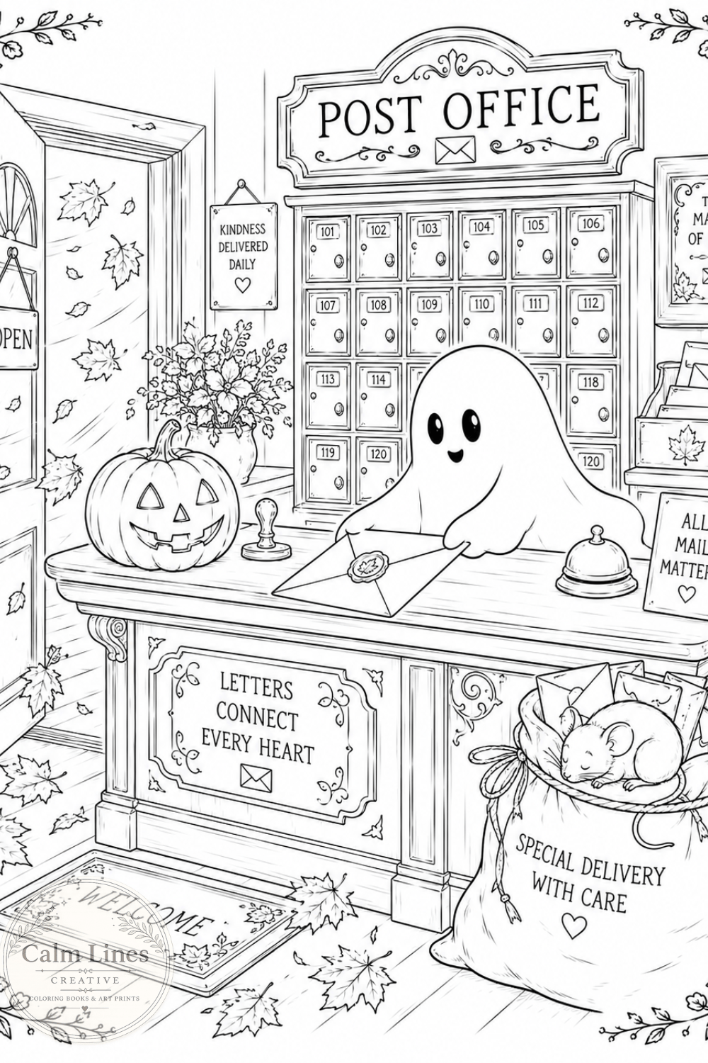Cute ghost post office Halloween coloring page created with AI prompt featuring pumpkins and vintage mailboxes.